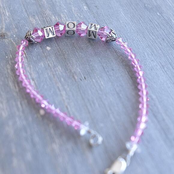 Sterling Silver 925 Mom Bracelet Pink Crystal Beads Cube Letter Beads 7.5" - Picture 7 of 7